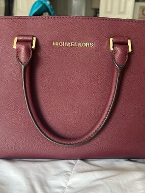 Michael Kors Wine Saffiano Leather Satchel with Gold Hardware